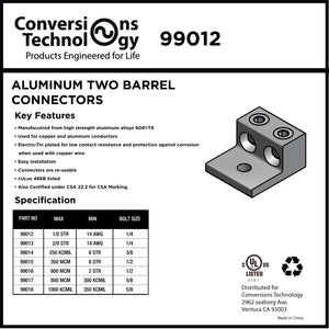 Conversions Technology Connectors Aluminum Two Barrel Connectors One-Hole Mount 14 AWG - 1/0 AWG  1/4"