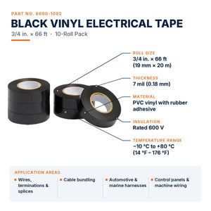 Conversions Tech Electrical > Accessories Black Vinyl Electrical Tape, Professional Grade, 10-Roll Pack | 6600-1002