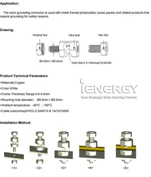 Conversions Tech photovoltaic components Cable Insulated Terminal Copper Screw Lugs Solar Panel Earthing Clamps Solar Grounding Clips