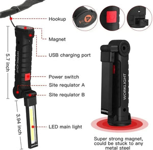 Conversions Tech COB LED Work Light Dimmable USB Rechargeable LED Flashlight Inspection Lamp With Magnetic Hook Power Bank 18650 Battery Torch
