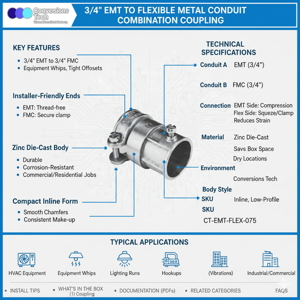 Conversions Tech Combination Coupling, EMT to Flex Zinc Die Cast 3/4"
