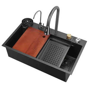 Conversions Tech Stainless Steel / Gun Gray kitchen faucet Contemporary 1-mm Thick Nano Black Kitchen Faucet Stainless Steel Grey Pullout Waterfall Square Overmount for Modern RV