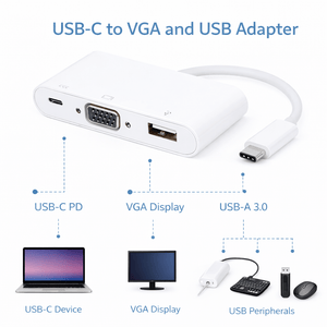 Koppa Hub Conversions Tech USB-C to VGA Multiport Adapter with USB-A &amp; 60W Power Delivery (USB 3.1, Plug &amp; Play)