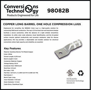 Conversions Tech Copper Long Barrel One Hole Compression Lug 1000 MCM 1/2-inch Bolt Size