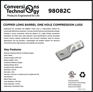 Conversions Technology Copper Long Barrel One Hole Compression Lug 1000 MCM 5/8-inch Bolt Size