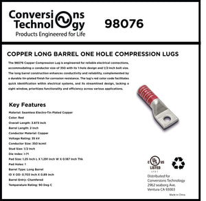 Conversions Technology Copper Long Barrel One Hole Compression Lug 350 MCM 5/8-inch Bolt Size