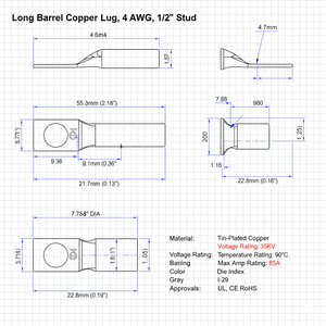 Conversions Tech Copper Long Barrel One Hole Compression Lug 4 AWG 1/2-inch Bolt Size