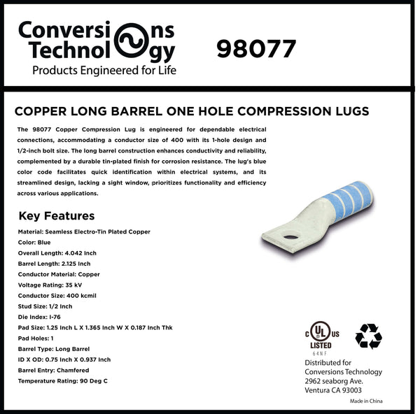 Conversions Technology Copper Long Barrel One Hole Compression Lug 400 MCM  1/2-inch Bolt Size