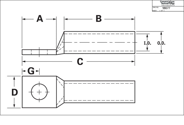Conversions Technology Copper Long Barrel One Hole Compression Lug 400 MCM  1/2-inch Bolt Size