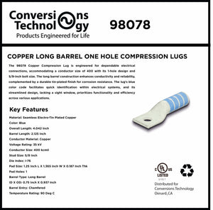 Conversions Tech Copper Long Barrel One Hole Compression Lug 400 MCM 5/8-inch Bolt Size