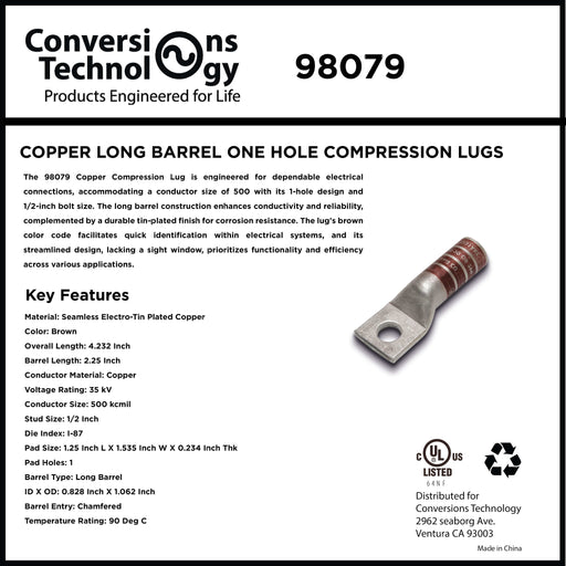 Conversions Technology Copper Long Barrel One Hole Compression Lug 500 MCM 1/2-inch Bolt Size
