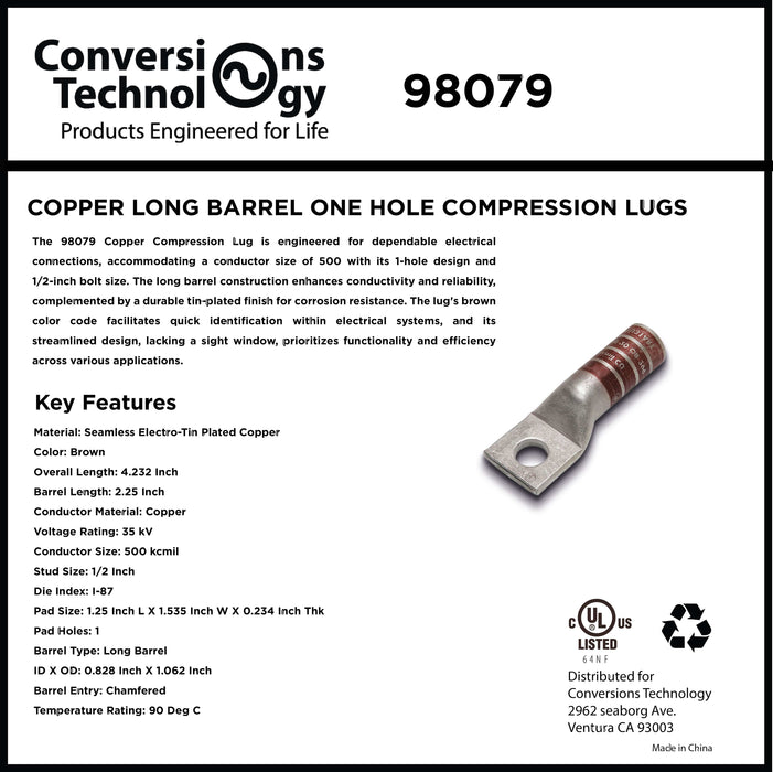 Conversions Technology Copper Long Barrel One Hole Compression Lug 500 MCM 1/2-inch Bolt Size