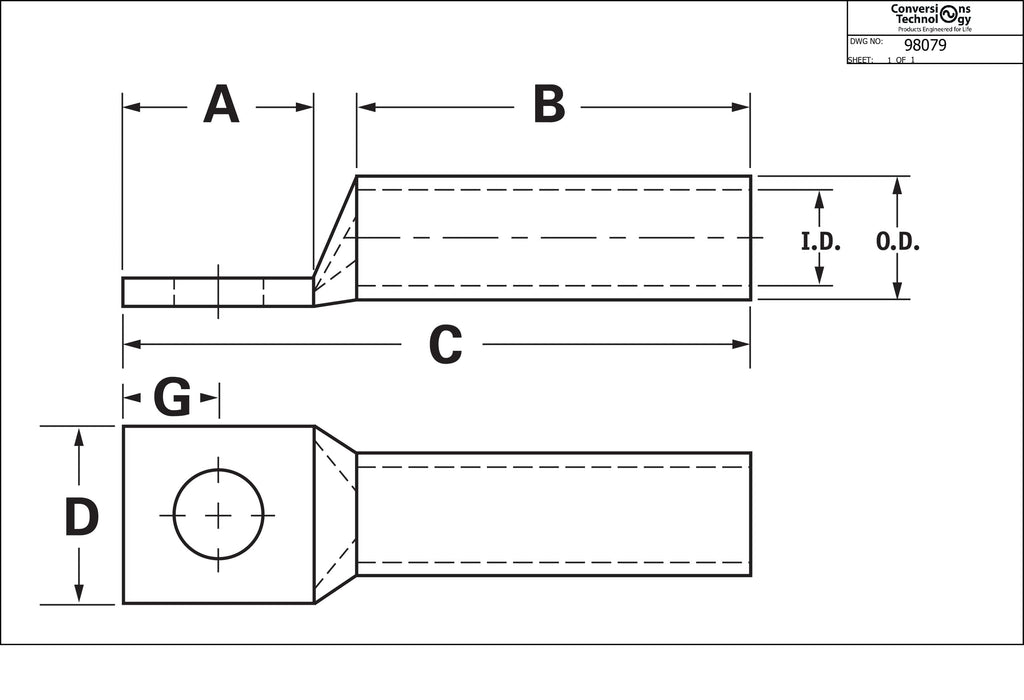 Conversions Technology Copper Long Barrel One Hole Compression Lug 500 MCM 1/2-inch Bolt Size