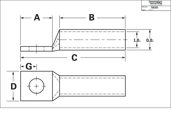 Conversions Technology Copper Long Barrel One Hole Compression Lug 500 MCM 5/8-inch Bolt Size