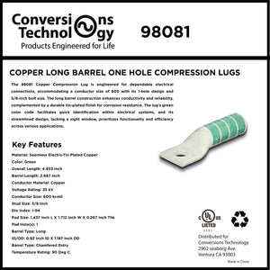 Conversions Technology Copper Long Barrel One Hole Compression Lug 600 MCM 1/2-inch Bolt Size