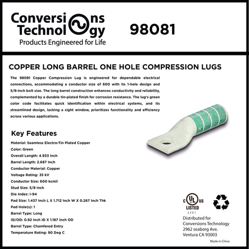 Conversions Technology Copper Long Barrel One Hole Compression Lug 600 MCM 1/2-inch Bolt Size