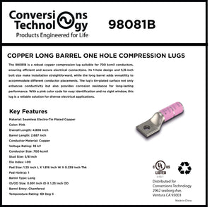 Conversions Technology Copper Long Barrel One Hole Compression Lug 700 MCM 5/8-inch Bolt Size