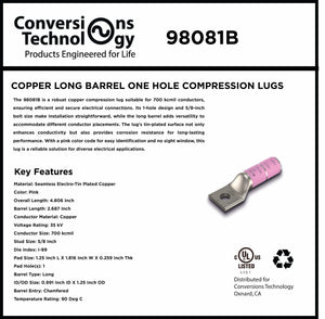 Conversions Tech Copper Long Barrel One Hole Compression Lug 700 MCM 5/8-inch Bolt Size