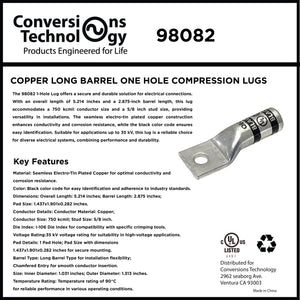 Conversions Technology Copper Long Barrel One Hole Compression Lug  750 MCM 5/8-inch Bolt Size