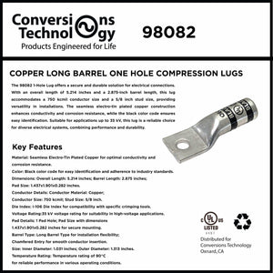 Conversions Tech Copper Long Barrel One Hole Compression Lug 750 MCM 5/8-inch Bolt Size