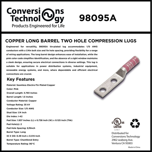 Conversions Technology COPPER LONG BARREL TWO HOLE COMPRESSION LUGS 1/0 AWG 1/4-inch Bolt Size