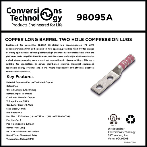 Conversions Technology COPPER LONG BARREL TWO HOLE COMPRESSION LUGS 1/0 AWG 1/4-inch Bolt Size