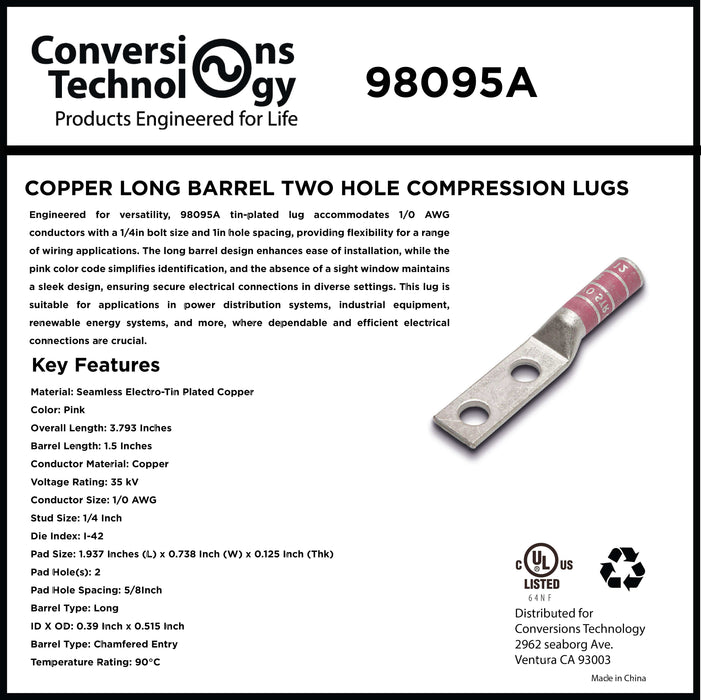 Conversions Technology COPPER LONG BARREL TWO HOLE COMPRESSION LUGS 1/0 AWG 1/4-inch Bolt Size