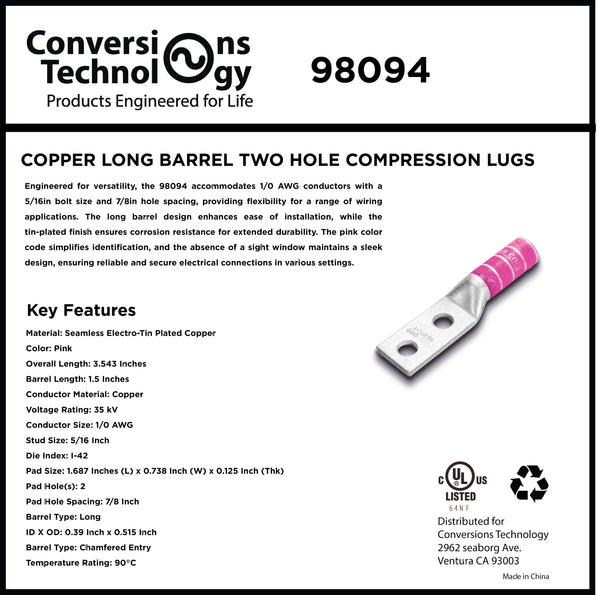 Conversions Technology Copper Long Barrel Two Hole Compression Lugs 1/0 AWG 1/4-inch Bolt Size