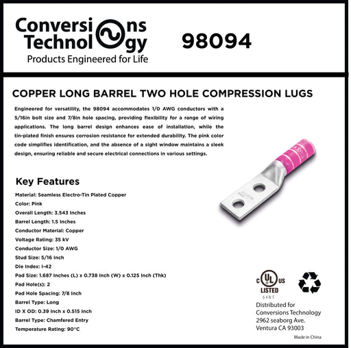 Conversions Technology Copper Long Barrel Two Hole Compression Lugs 1/0 AWG 1/4-inch Bolt Size