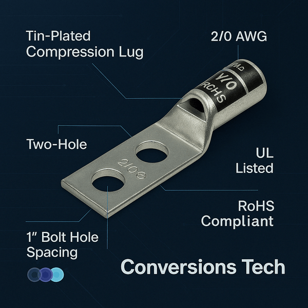 Conversions Technology Copper Long Barrel Two Hole Compression Lugs 2/0 AWG 1/2-inch Bolt Size