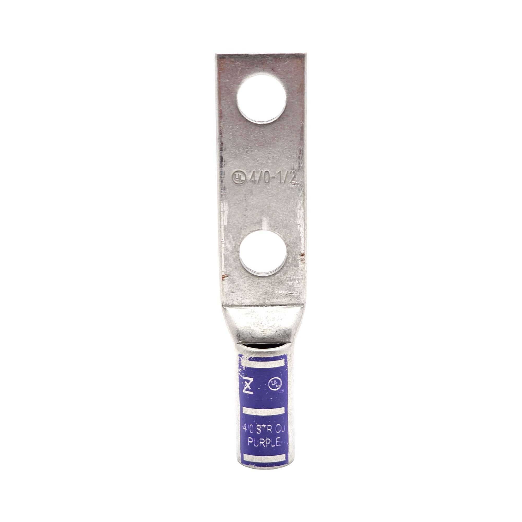 Copper Long Barrel Two Hole Compression Lugs 4/0 AWG 1/2-inch Bolt Siz ...