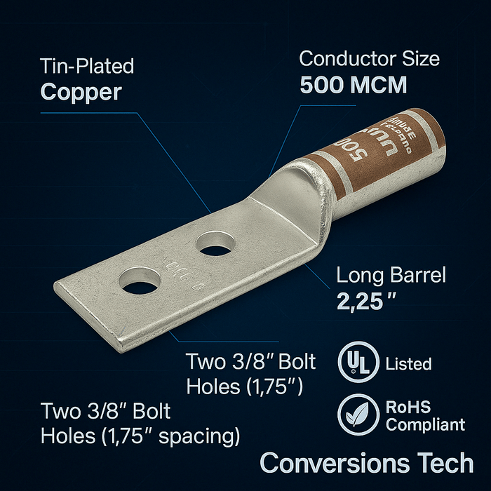 Conversions Technology Copper Long Barrel Two Hole Compression Lugs 500 MCM 3/8-inch Bolt Size