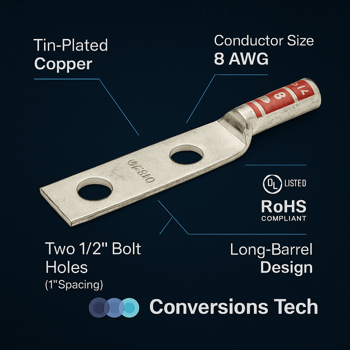 Conversions Technology Copper Long Barrel Two Hole Compression Lugs 8 AWG 1/2-inch Bolt Size