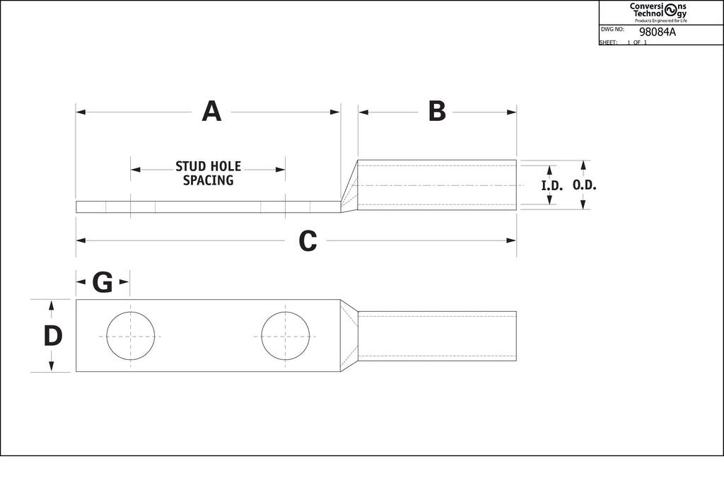 Conversions Technology Copper Long Barrel Two Hole Compression Lugs 8 AWG 1/2-inch Bolt Size
