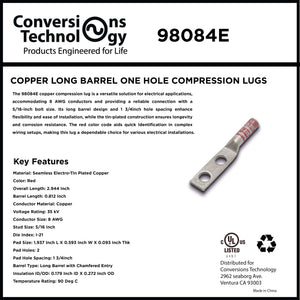 Conversions Technology Copper Long Barrel Two Hole Compression Lugs 8 AWG 5/16 Inch Bolt Size