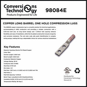 Conversions Tech Copper Long Barrel Two Hole Compression Lugs 8 AWG 5/16 Inch Bolt Size