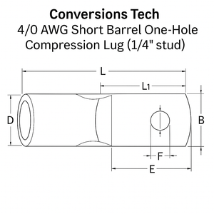 Conversions Tech Copper Short Barrel One Hole Compression Lug 4/0 AWG 1/4-inch Bolt Size