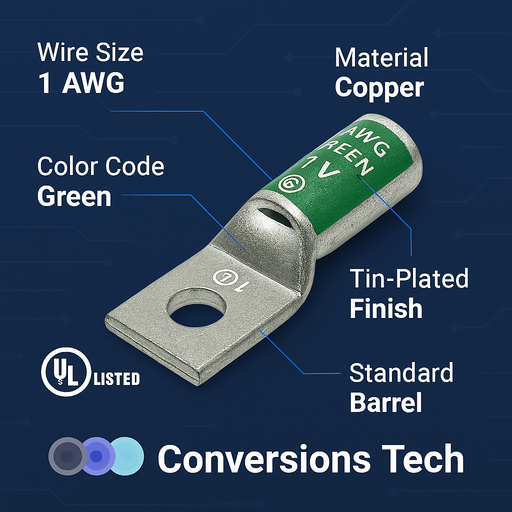Conversions Technology Copper Short Barrel One Hole Compression Lugs 1 AWG 1/2-inch Bolt Size