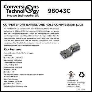 Conversions Technology Copper Short Barrel One Hole Compression Lugs 1000 MCM 1/2-inch Bolt Size