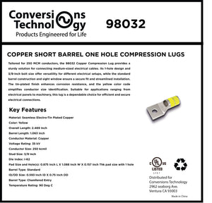 Conversions Technology Copper Short Barrel One Hole Compression Lugs 250 MCM 1/4-inch Bolt Size
