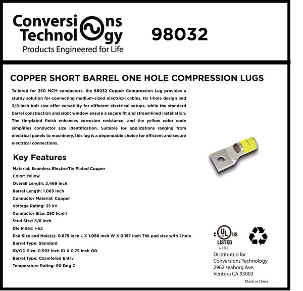 Conversions Technology Copper Short Barrel One Hole Compression Lugs 250 MCM 1/4-inch Bolt Size