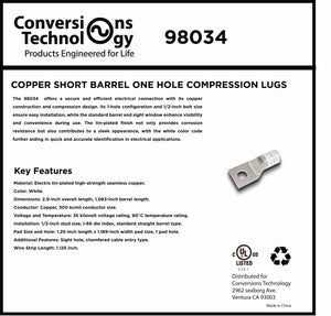 Conversions Technology Copper Short Barrel One Hole Compression Lugs 300 MCM 1/2-inch Bolt Size