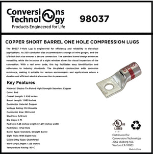 Conversions Technology Copper Short Barrel One Hole Compression Lugs 350 MCM 5/8-inch Bolt Size