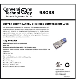 Conversions Technology Copper Short Barrel One Hole Compression Lugs 400 MCM 1/2-inch Bolt Size