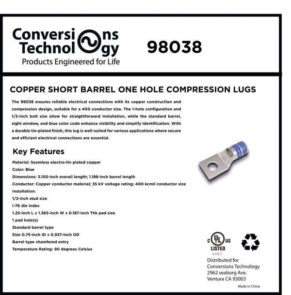 Conversions Technology Copper Short Barrel One Hole Compression Lugs 400 MCM 1/2-inch Bolt Size