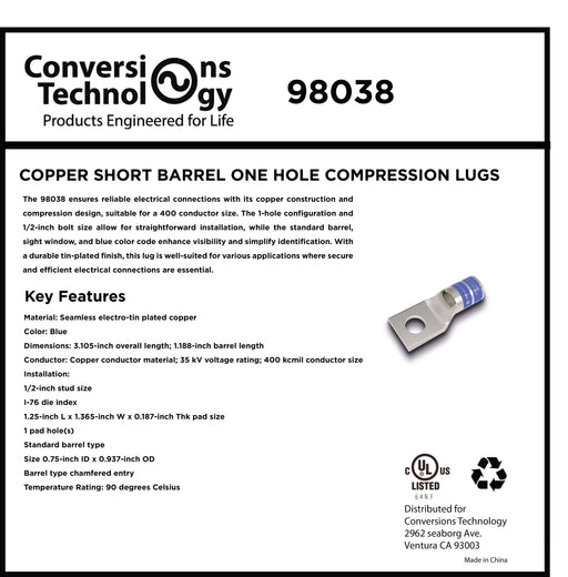 Conversions Technology Copper Short Barrel One Hole Compression Lugs 400 MCM 1/2-inch Bolt Size