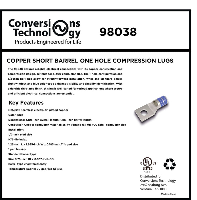 Conversions Technology Copper Short Barrel One Hole Compression Lugs 400 MCM 1/2-inch Bolt Size