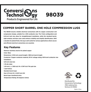 Conversions Technology Copper Short Barrel One Hole Compression Lugs 400 MCM 5/8-inch Bolt Size