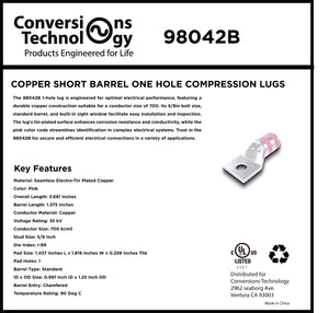 Conversions Technology Copper Short Barrel One Hole Compression Lugs 700 MCM 5/8-inch Bolt Size