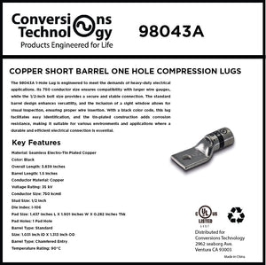 Conversions Technology Copper Short Barrel One Hole Compression Lugs 750 MCM 1/2-inch Bolt Size